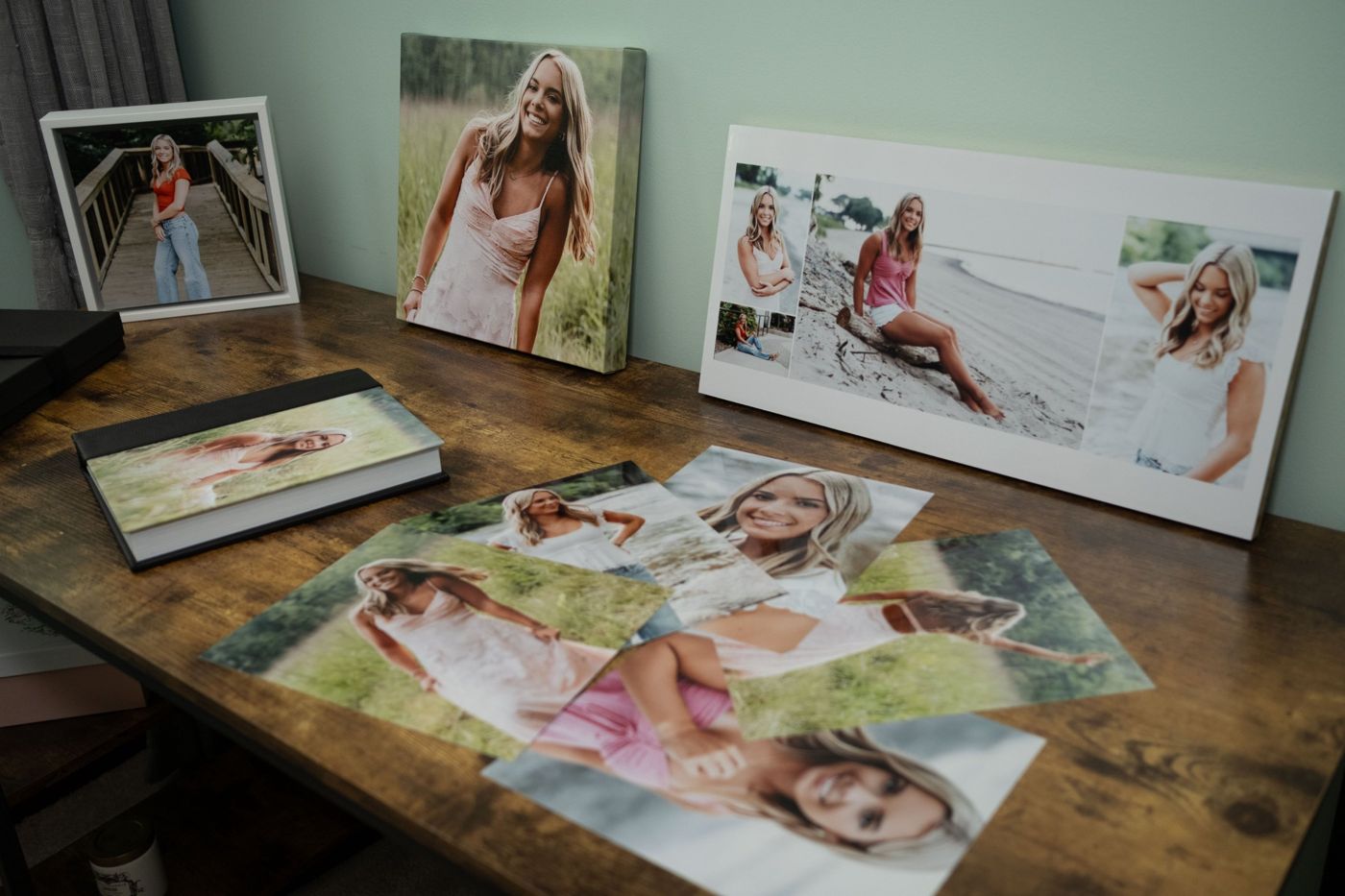 Senior portrait products from Fischetti & Co.: framed print, canvas, storyboard, album and prints